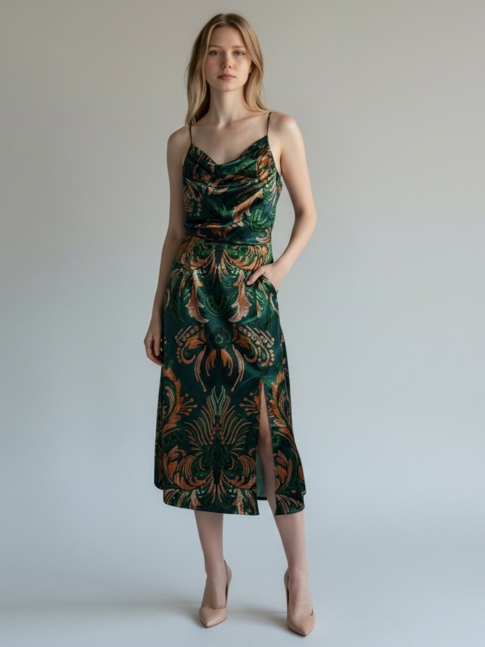 Sundayup emerald green cowl-neck midi slip dress Size L